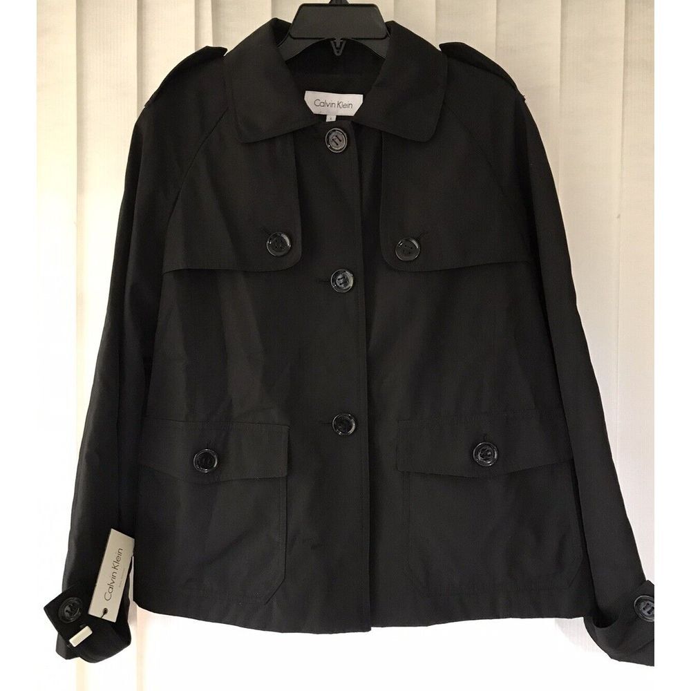 NWT Calvin Klein‎ Women's Size Large Black Button Up Coat Jacket Water Resistant